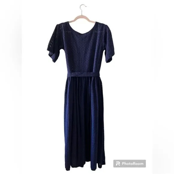 Lisa Marie Fernandez Navy Blue 100% Cotton Eyelet Shift‎ Midi Dress Small